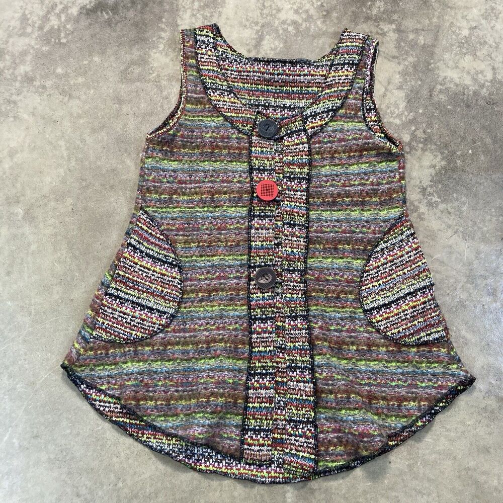 Hand Jive Sweater Womens Large Button Cardigan Vest Wearable Art Colorful